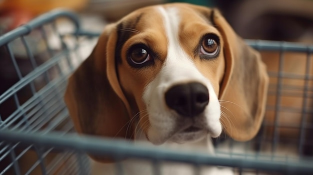 Generatieve AI een beagle in een mandje op een winkelwagentje