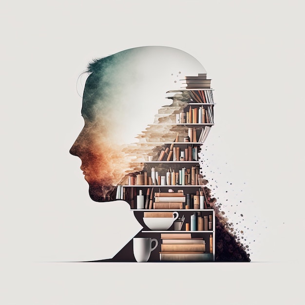 Generatieve AI een boekenplank vol boeken dubbele belichting jongeman gemengd beeld voorprofiel op witte achtergrond Creatieve ideeën kennis en vaardigheden van persoon in sociaal netwerk