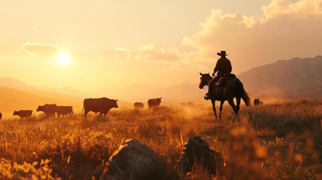 Generatieve AI Een eenzame cowboy die over de uitgestrekte open weide rijdt met een kudde vee tegen de ondergaande zon.