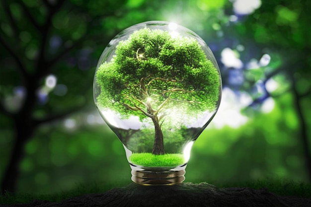 Generatieve AI Een elektrische gloeilamp en een boom erin Op een groene grasachtergrond Dag van de Aarde Zonlicht in de natuur energiebesparend concept