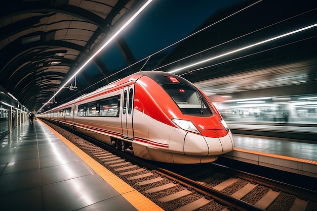 Generatieve AI een elektrische trein die met hoge snelheid rijdt foto gemaakt met lange belichtingstijd