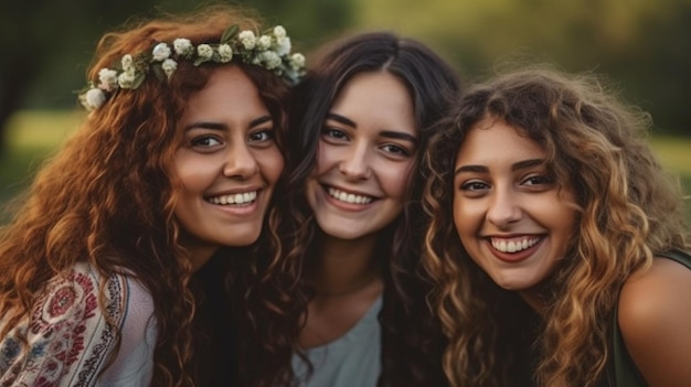 Generatieve AI een gelukkige vrouw die met haar vriendjes in het park speelt