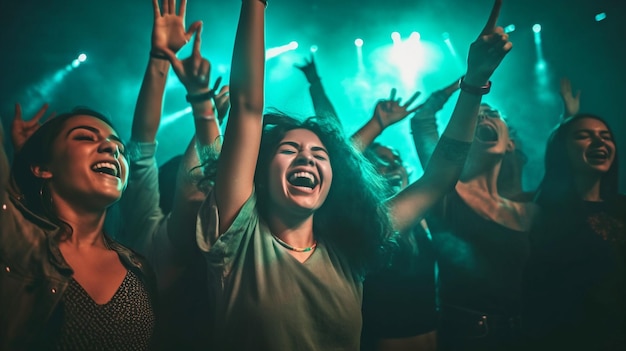 Generatieve AI een groep jonge mensen die dansen in een nachtclub met opgeheven armen