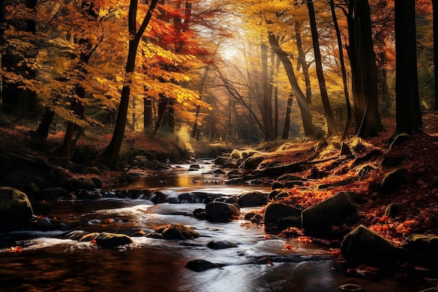 Generatieve AI een herfstlandschap met een rivier en een bos met gevallen bladeren