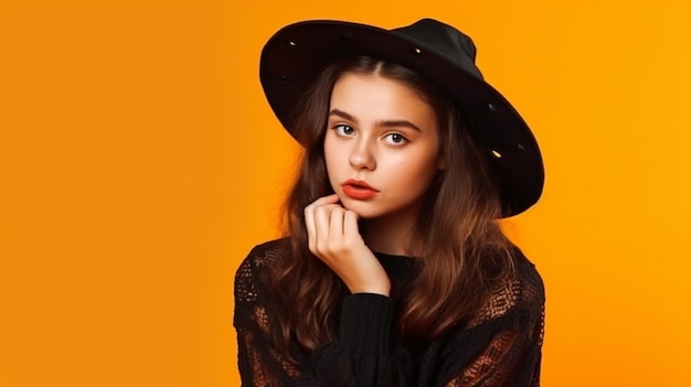 Generatieve AI een jonge dame op een gele achtergrond en een Halloween-concept