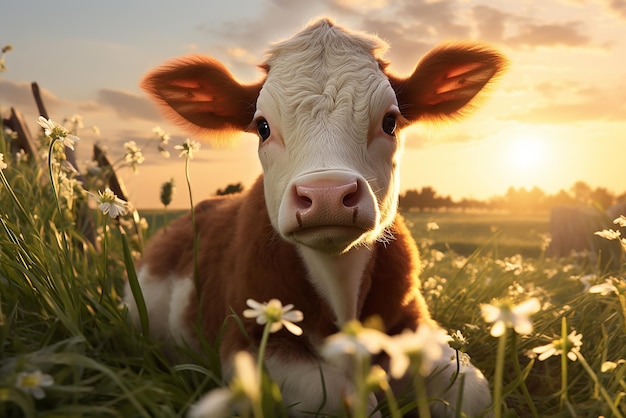 Generatieve AI een klein kalfje dat op een groen veld ligt