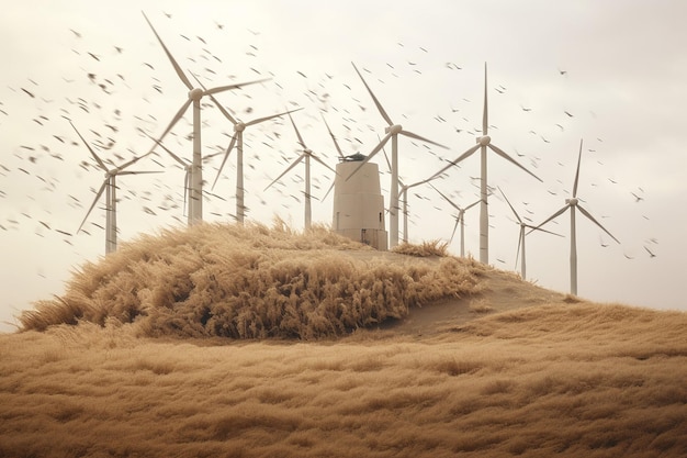 Generatieve AI een landschap met een herfstveld met windturbines en veel vliegende vogels