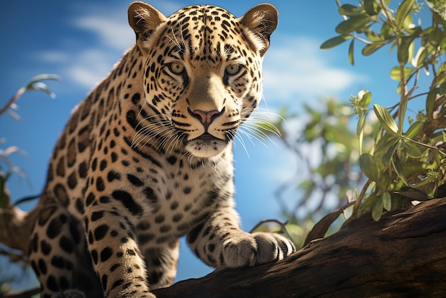 Generatieve AI een luipaard die zich verstopt tussen de takken van een tropische boom