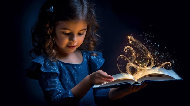 Generatieve AI een meisje en een boek met magische glowinthedark-pagina's