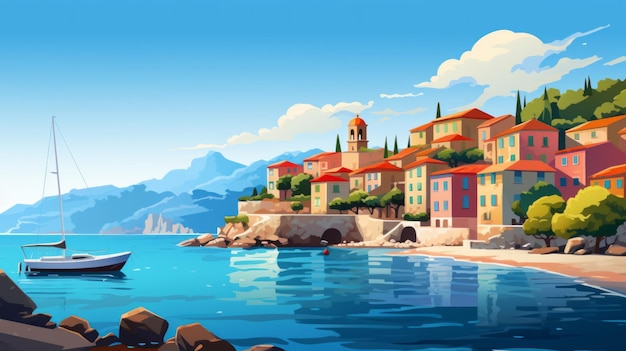 Generatieve AI Een prachtige mediterrane kuststad met kleurrijke huizen vector cartoon grafiek