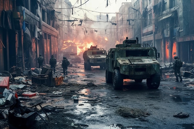 Generatieve AI een straat in een verwoeste stad waarop een colonne pantserwagens en soldaten zich bewoog