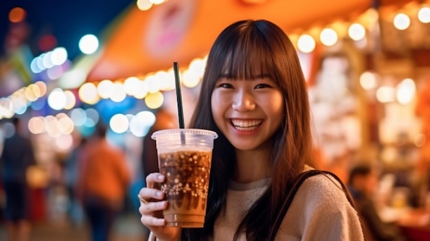 Generatieve AI een vrolijk meisje en de klassieke Taiwanese drank Bubble Tea op een avondmarkt