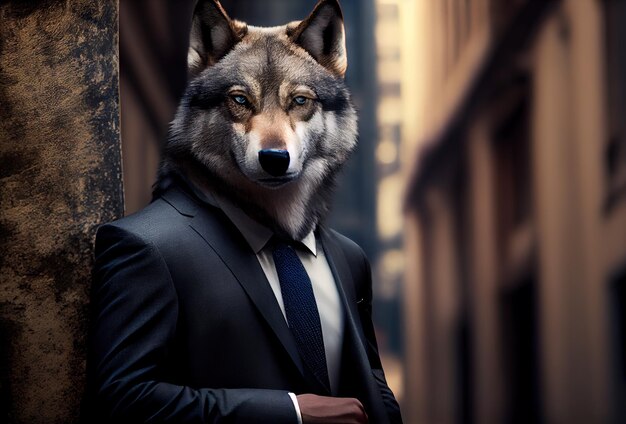 Foto generatieve ai een wolf die een pak en stropdas draagt op straat
