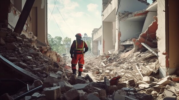 Generatieve AI en een geüniformeerde redder zoeken naar overlevenden in door aardbevingen beschadigde stadsgebouwen