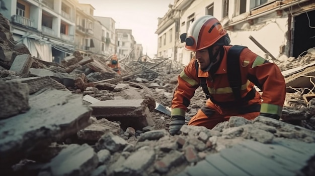 Generatieve AI en een geüniformeerde redder zoeken naar overlevenden in door aardbevingen beschadigde stadsgebouwen