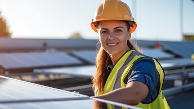 Generatieve AI en een vrouwelijke ingenieur werken aan een fotovoltaïsche energiecentrale met behulp van zonnepanelen