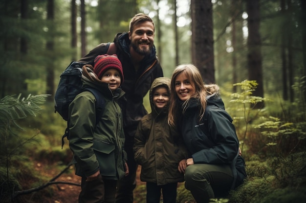 Foto generatieve ai familie weekend in het bos wandelen in het bos