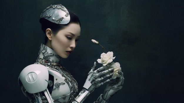 Generatieve AI fantasy scifi cyborg vrouw poseren met bloem