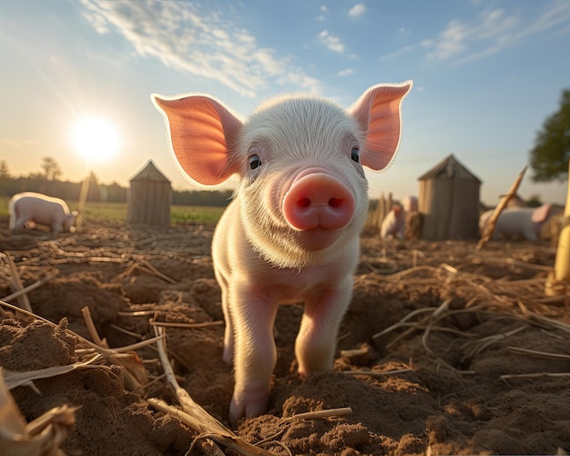 Generatieve ai fisheye-hoekfotografie van een big op de boerderij