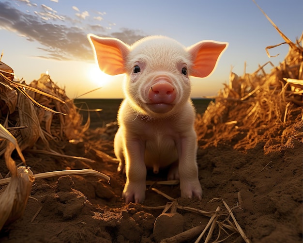 Generatieve ai fisheye-hoekfotografie van een big op de boerderij