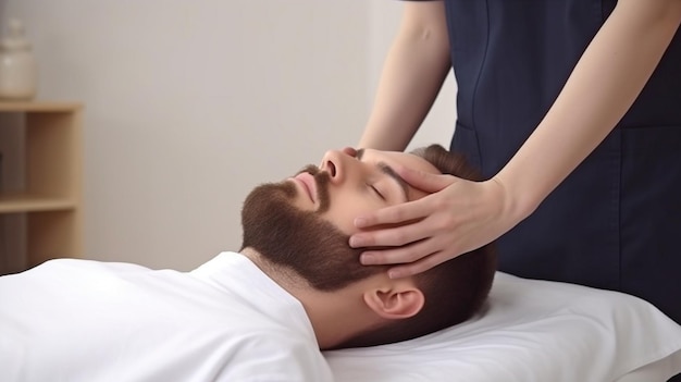 Generatieve AI fisioterapista massaggia giovane paziente per curare un dolore cervicale