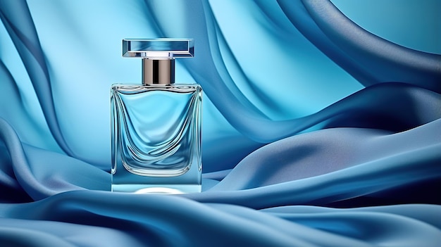 Generatieve AI Fles van parfum op een blauwe zijden achtergrond Glazen kolf met blauwe geur verpakkingsontwerp mock-up