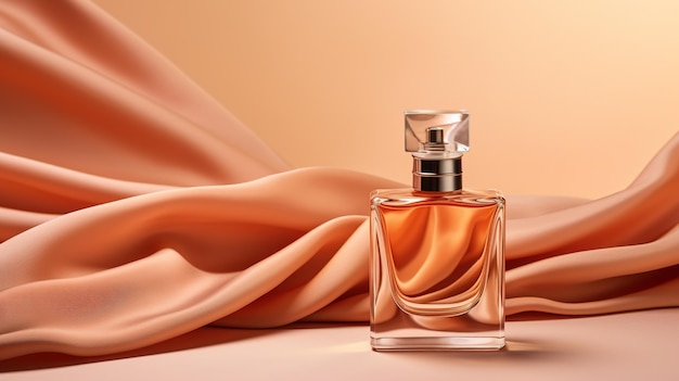 Generatieve AI Fles van parfum op een oranje zijden achtergrond Glazen kolf met oranje geur verpakkingsontwerp mock-up