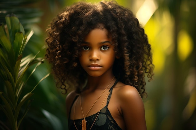 Generatieve AI-fotografie van een charmant zwart meisje op een zomervakantie op een tropisch eiland.
