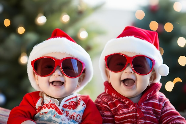 Foto generatieve ai fotografie van twee schattige vrolijke schattige baby's gekleed als kerstman stijlvol kostuum vieren thema feest