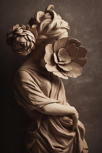 Generatieve AI Fotorealistische antieke sculptuur en bloemen gedempte neutrale kleuren 3D-stijl keramisch beeld