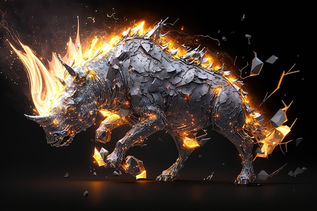 Generatieve AI-fusie van metaal Rhino explodeert door vuur omringd door verspreide glasscherven en puin kosmische energie