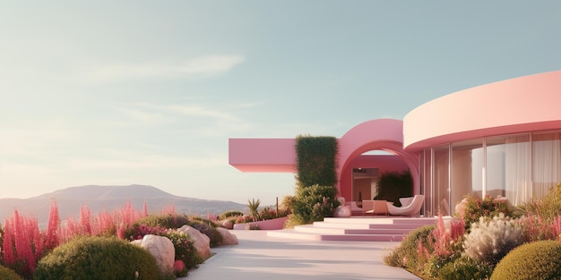 Foto generatieve ai futuristische luxe roze huis omringd door weelderig groen