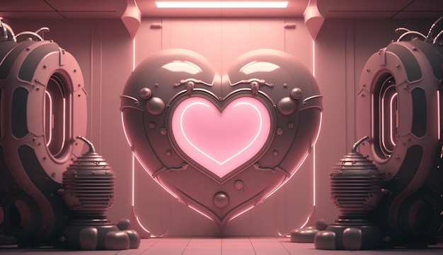 Generatieve AI Futuristische ruimteschipkamer met roze hart in cyberpunkstijl illustratie Liefdesgevoelens romantisch Valentijnsdagconcept Scifi realistisch 3d effectx9