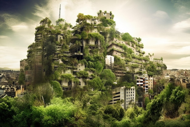 Generatieve ai futuristische skyline van de stad met wolkenkrabbers bedekt met vegetatie