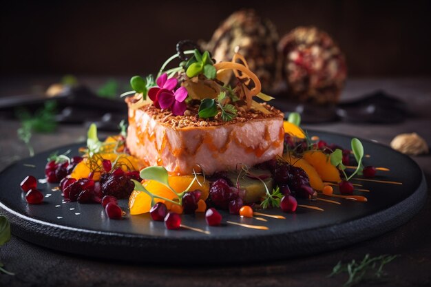 Foto generatieve ai gastronomische zalm geserveerd met fruit en kruiden