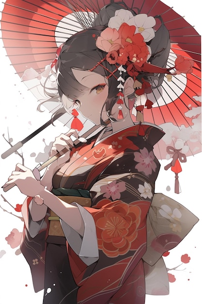 Generatieve ai Geisha in bloeiende anime-illustratie van de sakuratuin