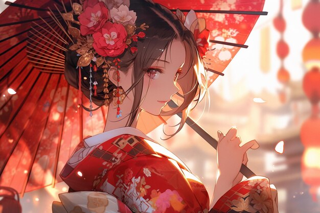 Generatieve ai Geisha in kimono met paraplu voorjaarsbloemen