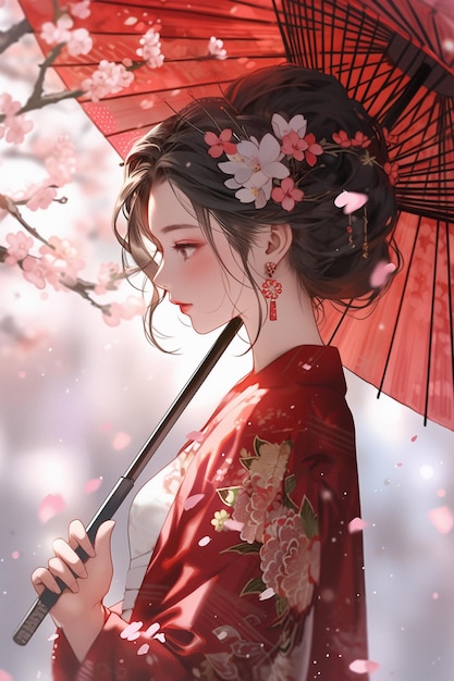 Generatieve ai Geisha in kimono met paraplu voorjaarsbloemen