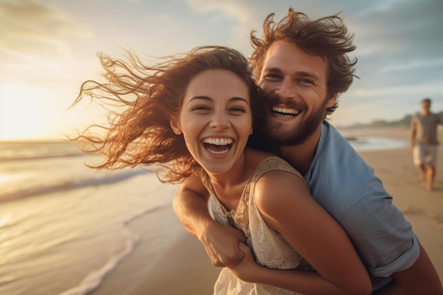 Generatieve AI gelukkig jong koppel verliefd knuffelen en lachen op het strand aan zee