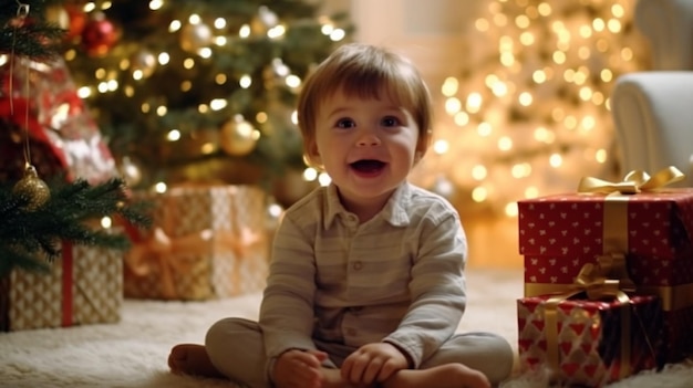 Generatieve AI gelukkige babyjongen in pyjama met cadeaus op kerstochtend in de buurt van de kerstboom