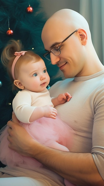 Generatieve AI gelukkige familie in de winter vader vader spelen met baby dochter kind meisje