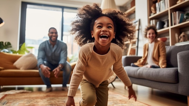 Generatieve AI gelukkige familie multi-etnische moeder, vader en zoon lachen, spelen en kietelen op de vloer