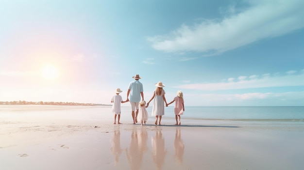 Generatieve AI gelukkige familie vader moeder en kinderen rug op het strand op zee