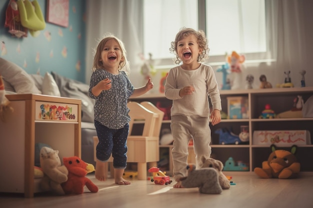 Generatieve AI gelukkige kinderen spelen en rennen thuis in de speelkamer