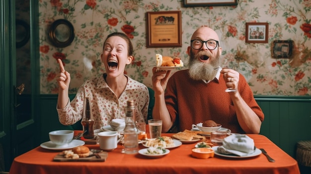 Generatieve AI Gelukkige senior echtpaar, vrouw en man, zitten aan tafel in de keukenverf en versieren gekookt