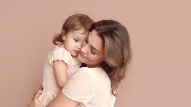 Generatieve AI Gelukkige vrolijke familie Moeder en baby zoenen lachen en knuffelen
