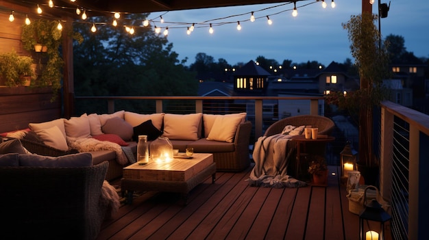 Generatieve AI Gezellig balkon in de avond met lantaarnslinger en kaarsen Zachte banken en stoelen