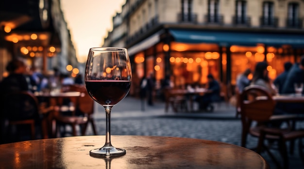 Foto generatieve ai glas wijn en fles op houten tafel met wazige achtergrond met lichten van straat bar café koffie winkel of restaurant wijn mock up