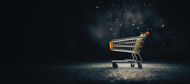 Generatieve AI gouden winkelwagentje op donkere achtergrond met glinsterende bokeh Black Friday concept korting en verkoop