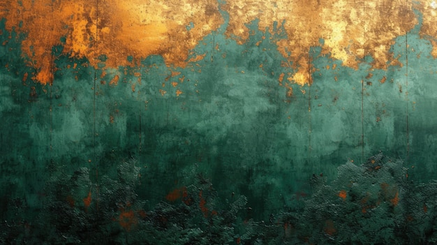 Generatieve AI Groene en gouden kleuren ruwe muur impasto grunge vintage schilderij achtergrond
